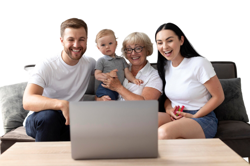 Multigenerational family watching our online church livestream together on a laptop.